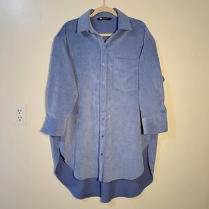 Zara (Women's S) Blue Corduroy High-low Button-Up Shirt Shacket Dress